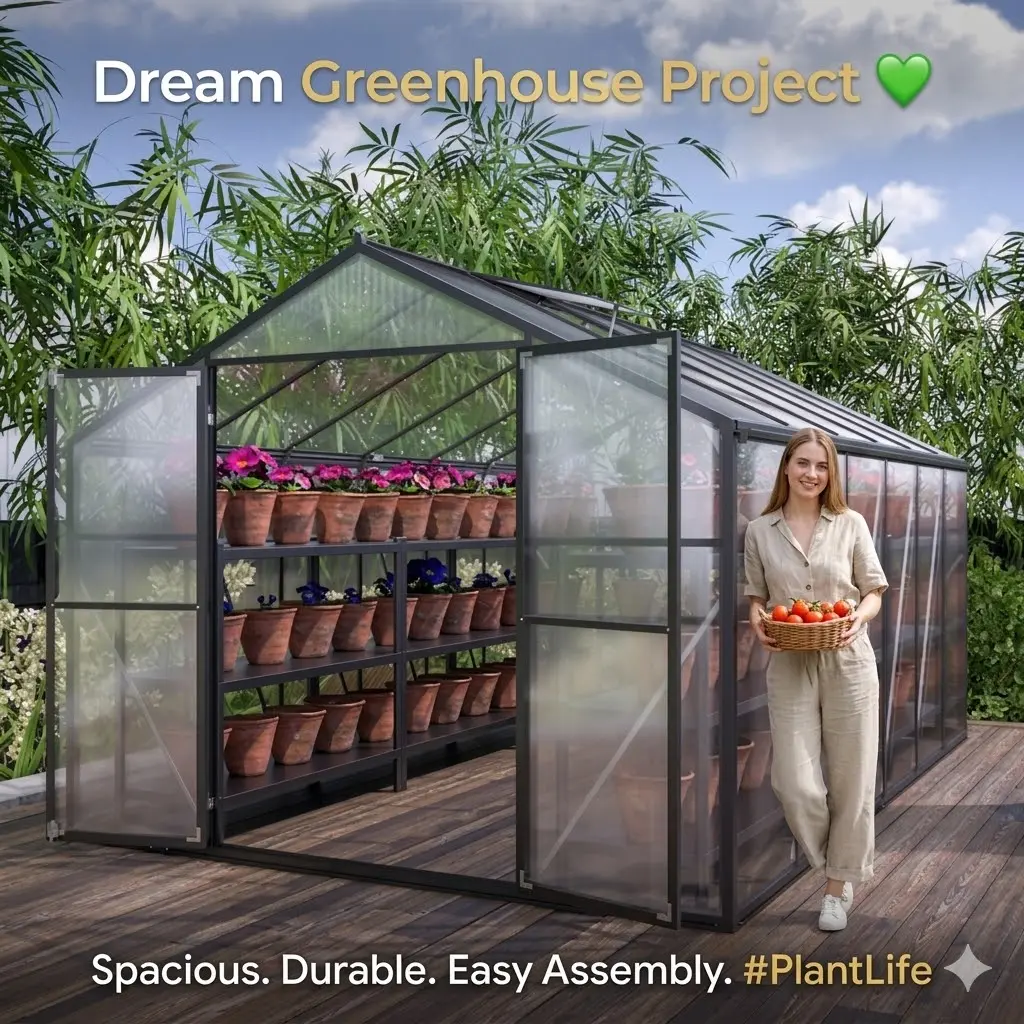 8x12 FT Outdoor Greenhouse Heavy Duty Polycarbonate Walk-in Greenhouse with Aluminum Frame Double Doors and Ventilation Windows for Backyard Garden Plant Lovers Home Gardening Ideas Backyard Makeover Urban Farming