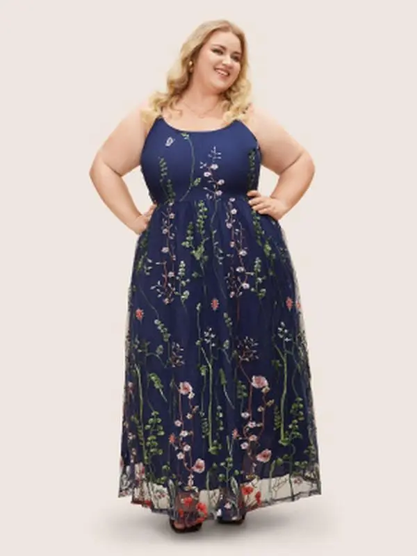 Pocket Approved BLOOMCHIC U Neck Floral Embroidered Mesh Cami Maxi Dress Sleeveless Spaghetti Strap Side Seam Pocket Approved BLOOMCHIC U Neck Floral Embroidered Mesh Cami Maxi Dress Sleeveless Spaghetti Strap Side Seam