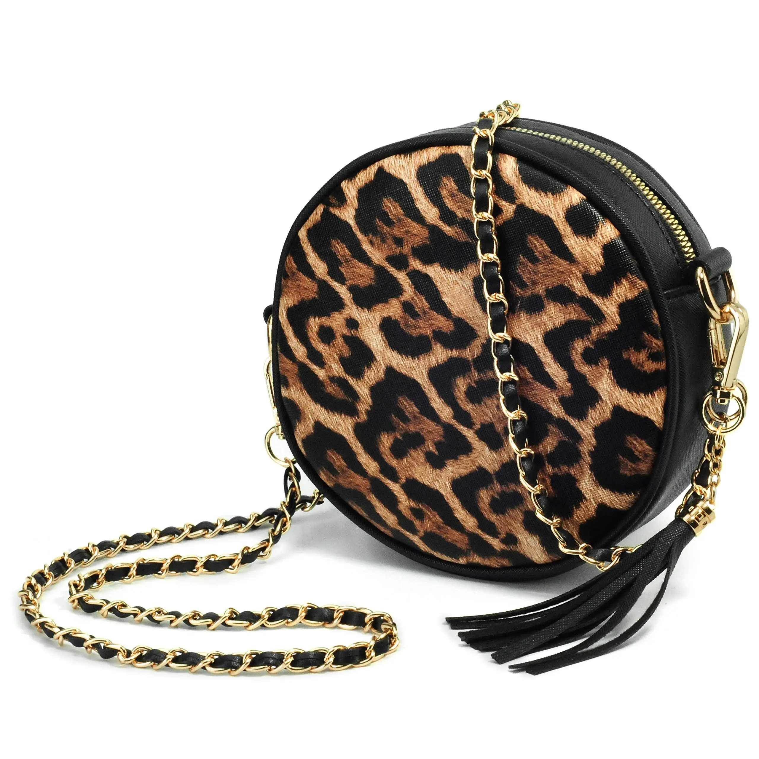 Women Round Crossbody Bag Tassel Circle Purse Chain Shoulder Handbag Clutch Wristlet