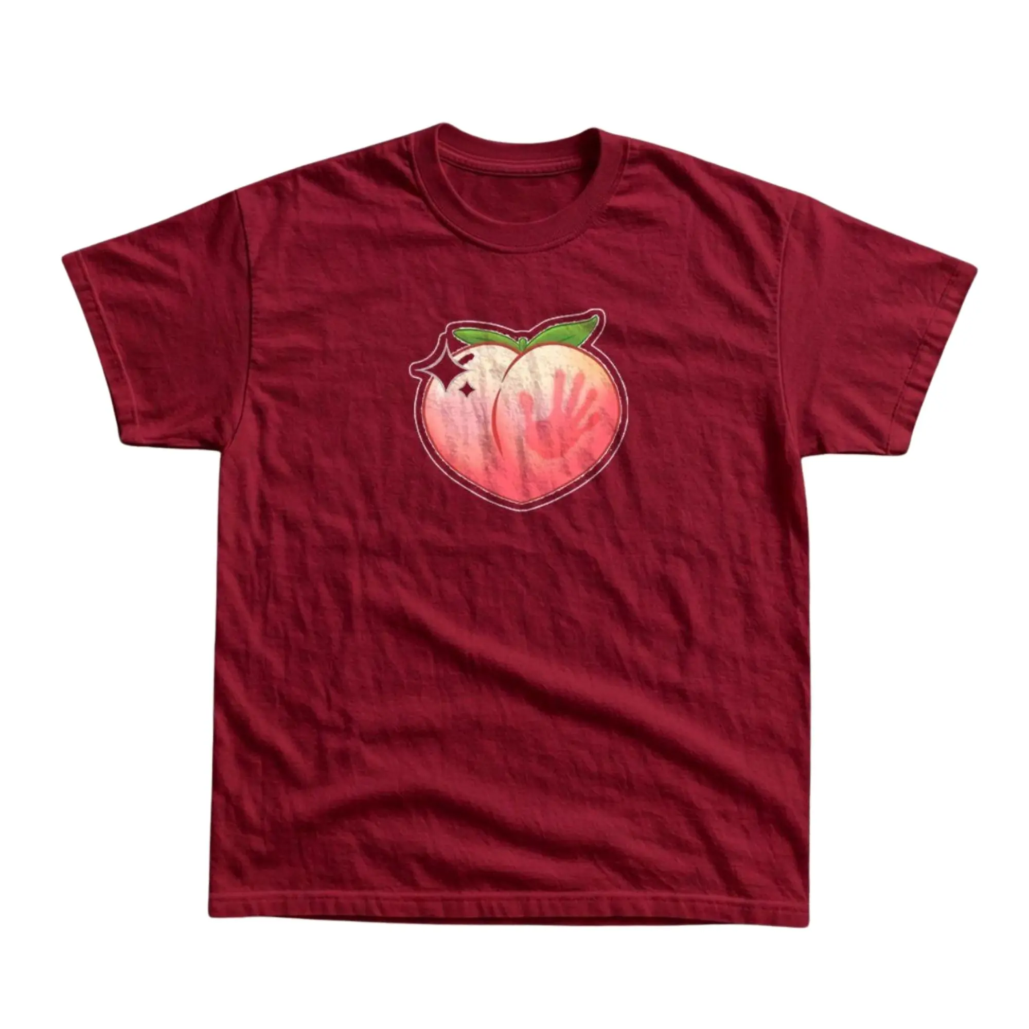 Aesthetic Peach With Handprint Graphic T-Shirt, Distressed Red Slap Mark Pastel Fruit Illustration Art Print, Unisex Maroon Burgundy Heavyweight Streetwear Tee, Casual Cute Outfit