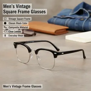 Men'S Vintage Square Frame Fashion Glasses - Classic Black Composite Frame with Clear Lenses, Stylish & Durable for Everyday Wear, Everyday Fashion Glasses | Classic Square Frame I Composite Frame Fashion Glasses, Square Frame Glasse Gold Anti-Blue Light