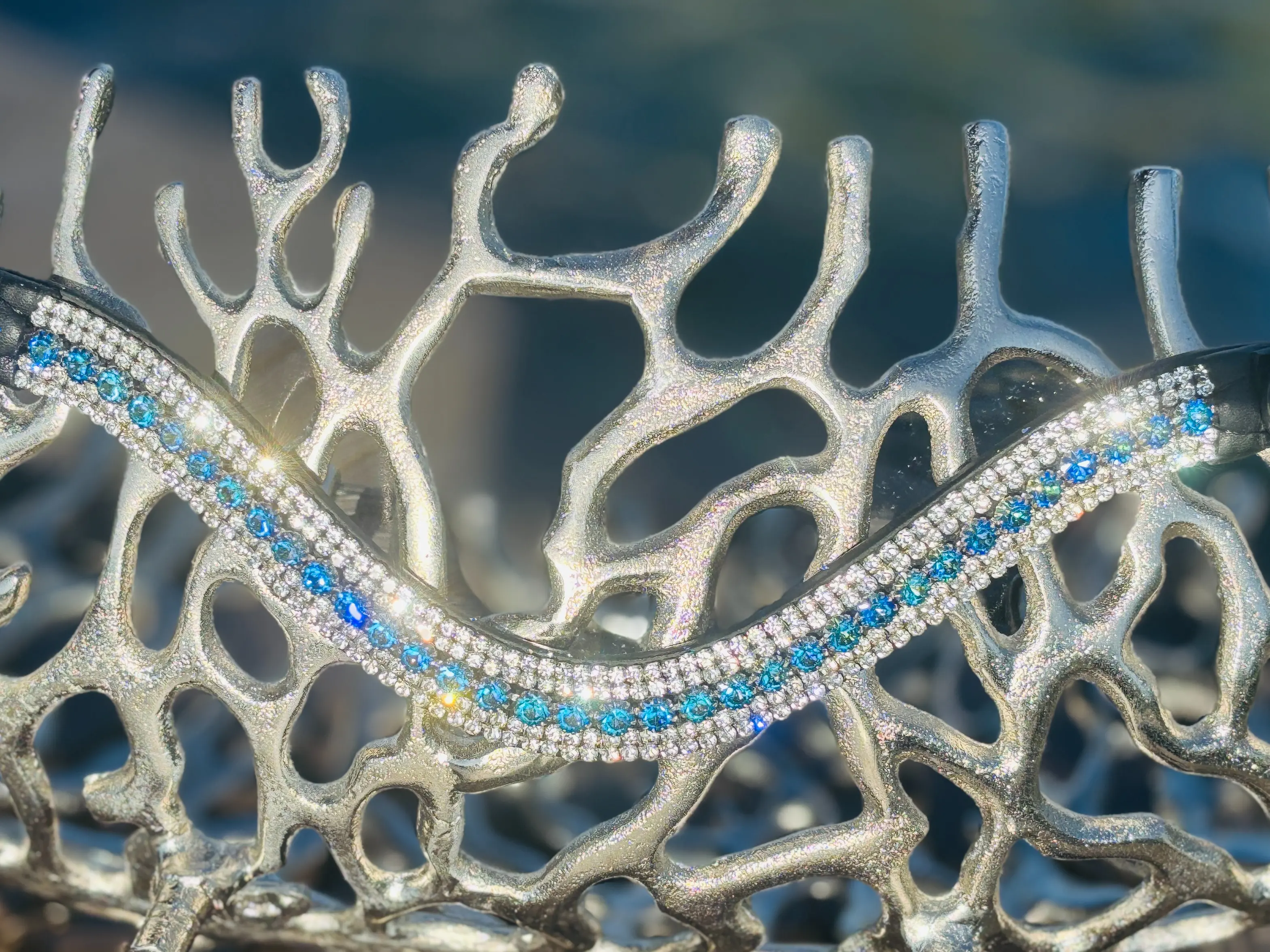 Horse Dazzle Isle Jewel Horse Browband with Iridescent Blue Preciosa Crystals in Genuine Black Leather Full Size 42 CM/16.5"