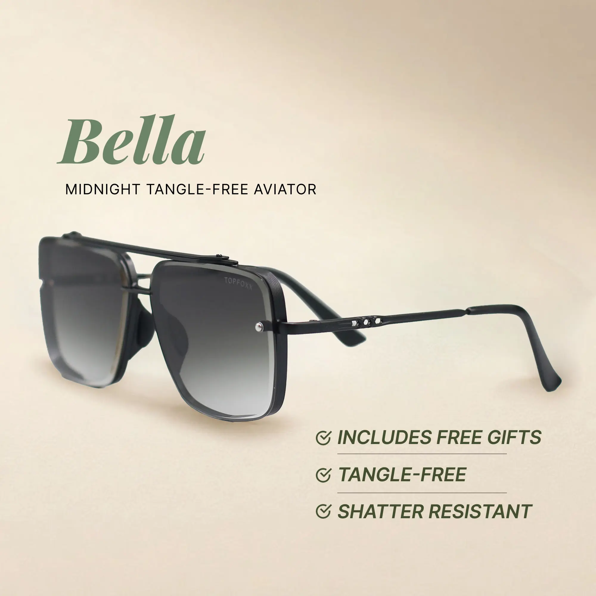Bella - Midnight - Tangle Free Aviator Sunglasses - Certified Shatter-Resistant Lenses - UV400 - For Women & Men