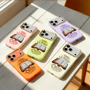 Candy Color Phone Case for iPhone 17 16 15 14 13 12 11, Todo Lo Puedo En Cristo Philippians 4:13 Design, Christian Faith Cover with Rhinestone Camera Frame, Soft Skin-Friendly Shockproof Case for Christian Women & Girls