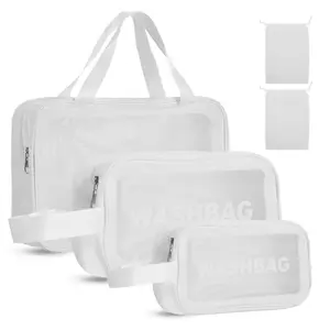 3 Piece Clear Toiletry Bag Set – White Washbags with 2 pcs Drawstring Pouches for Travel Organizing, Bathroom Storage, and Cosmetic Organization