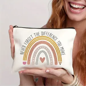 “NEVER FORGET THE DIFFERENCE YOU MAKE” Cosmetic bag Creative Rainbow Pattern Makeup Bag, Lightweight Travel Toiletries Pouch with Zipper, Cosmetic Brush Storage, Gift for Teachers