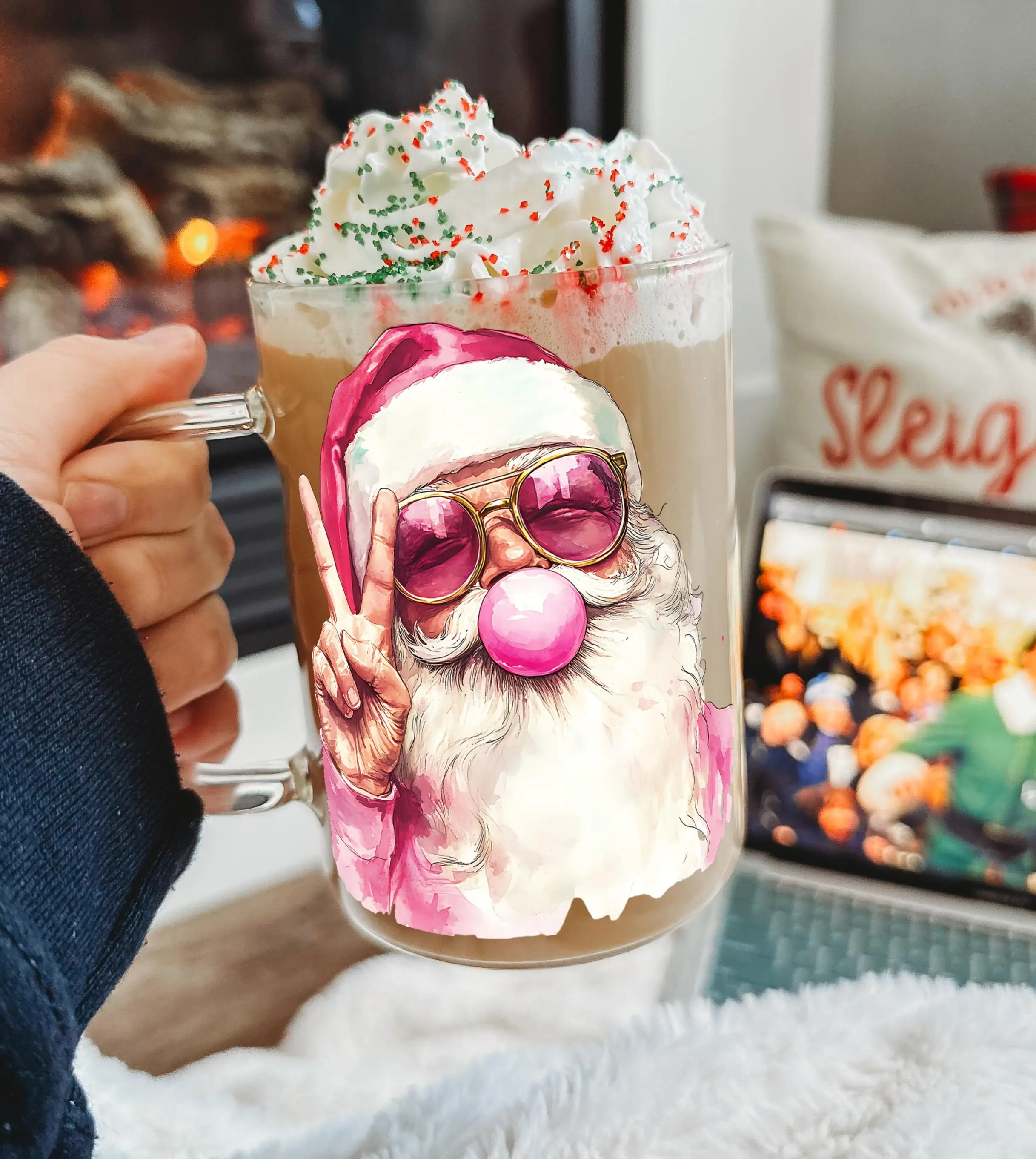 Sip Sip Hooray Christmas 17oz Clear Glass Coffee Mug with Lid and Straw, Reusable, Washable, Ceramic, Christmas Cups 2024 Collection Gift Drinkware Fu