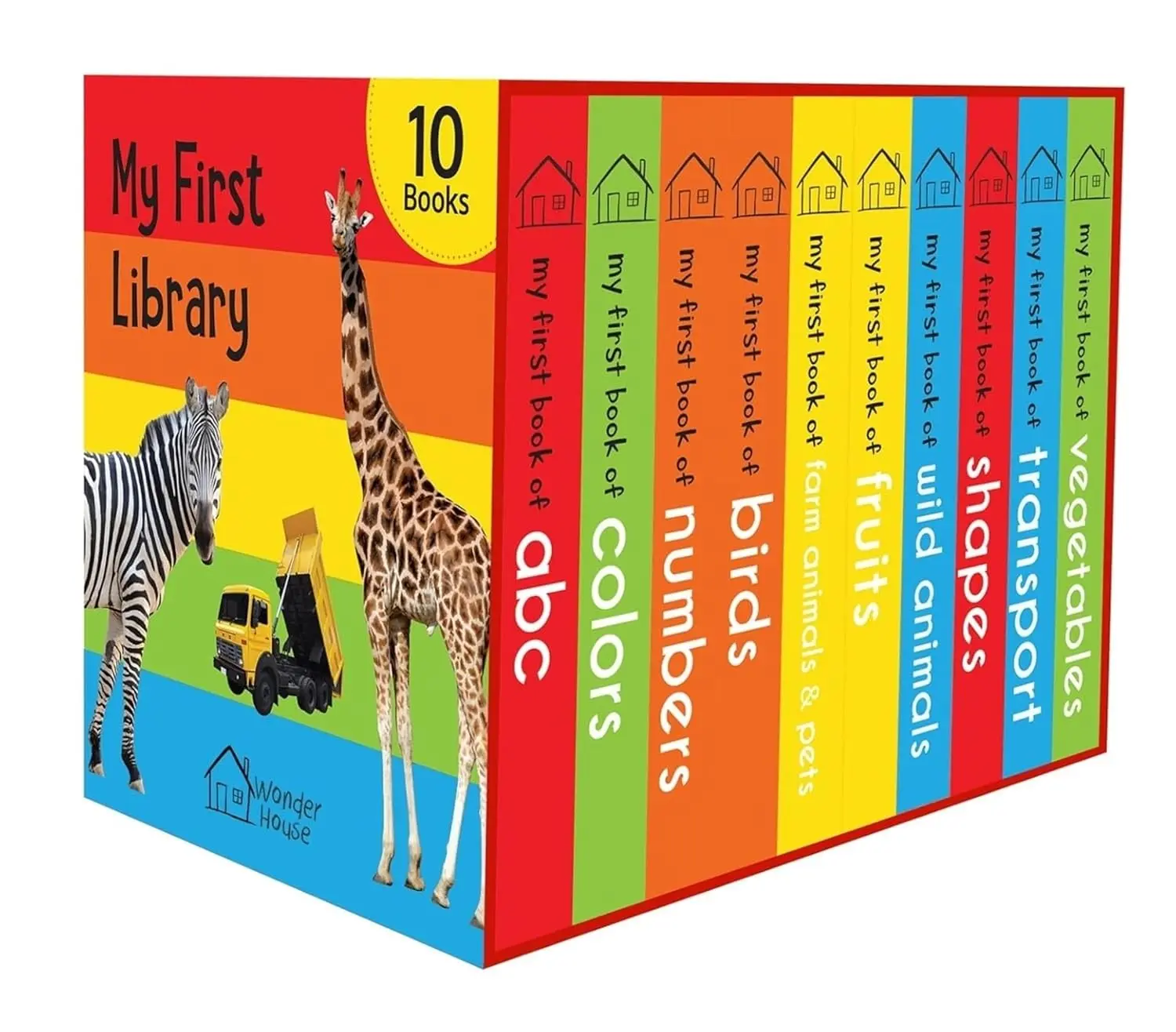 Wonder House Books My First Library Boxset of 10 Sturdy Board Books for Kids Ages 0-3 ABC Numbers Shapes Colors Wild Animals Farm Animals & Pets Birds Fruits Vegetables Transport Early Learning Educational Gift