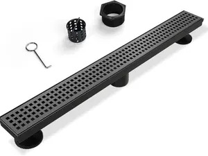 Linear Shower Drain, Matte Black Shower Drain 24 Inch with Removable Grate,Brushed 304 Stainless Steel Shower Drain Include Hair Strainer,Adjustable Leveling Feet