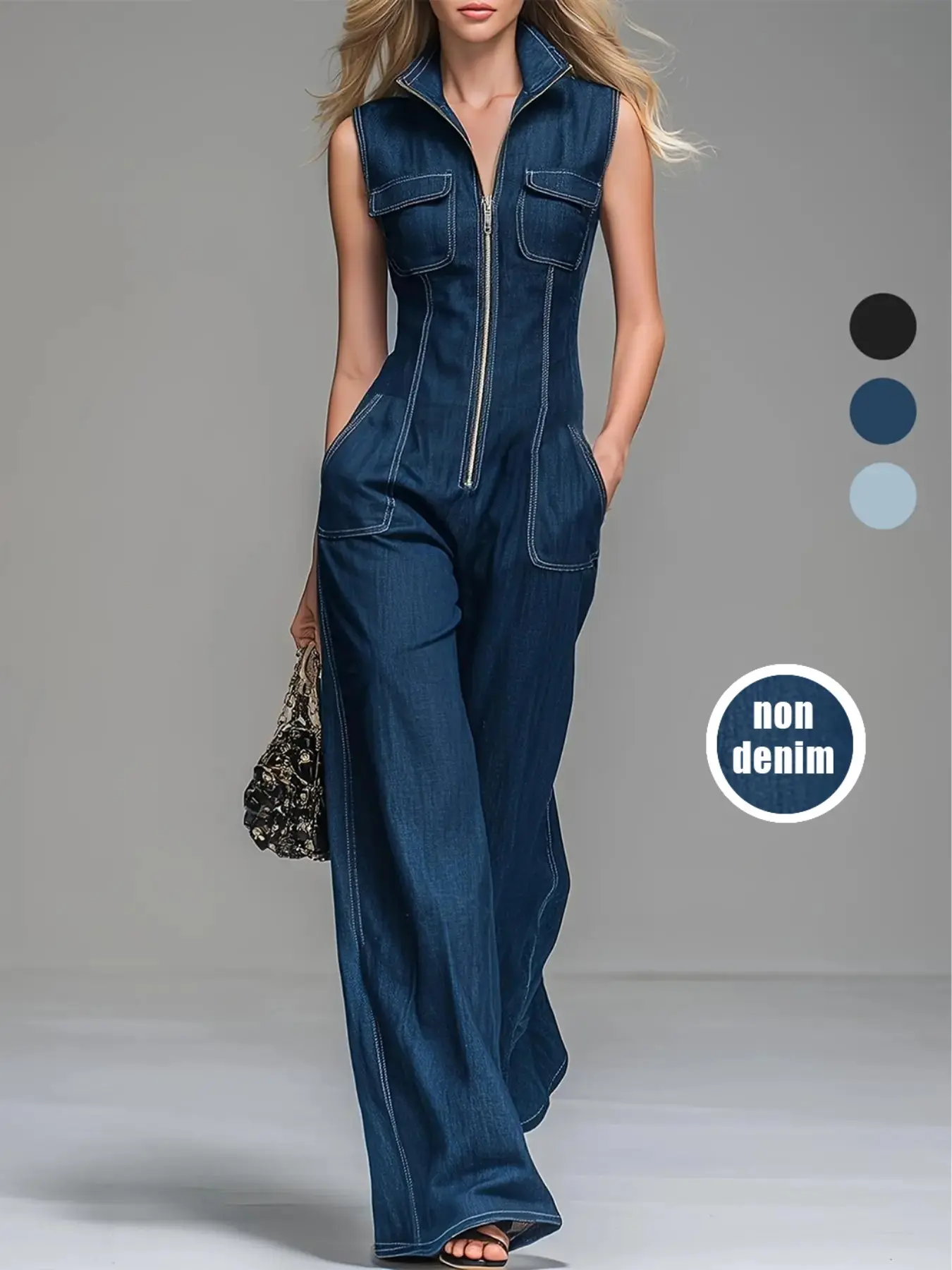 New Spring & Summer Vintage Casual Denim Jumpsuit, Sleeveless Design, Slimming High Waist Wide-Leg Jumpsuit, Fashionable One-Piece