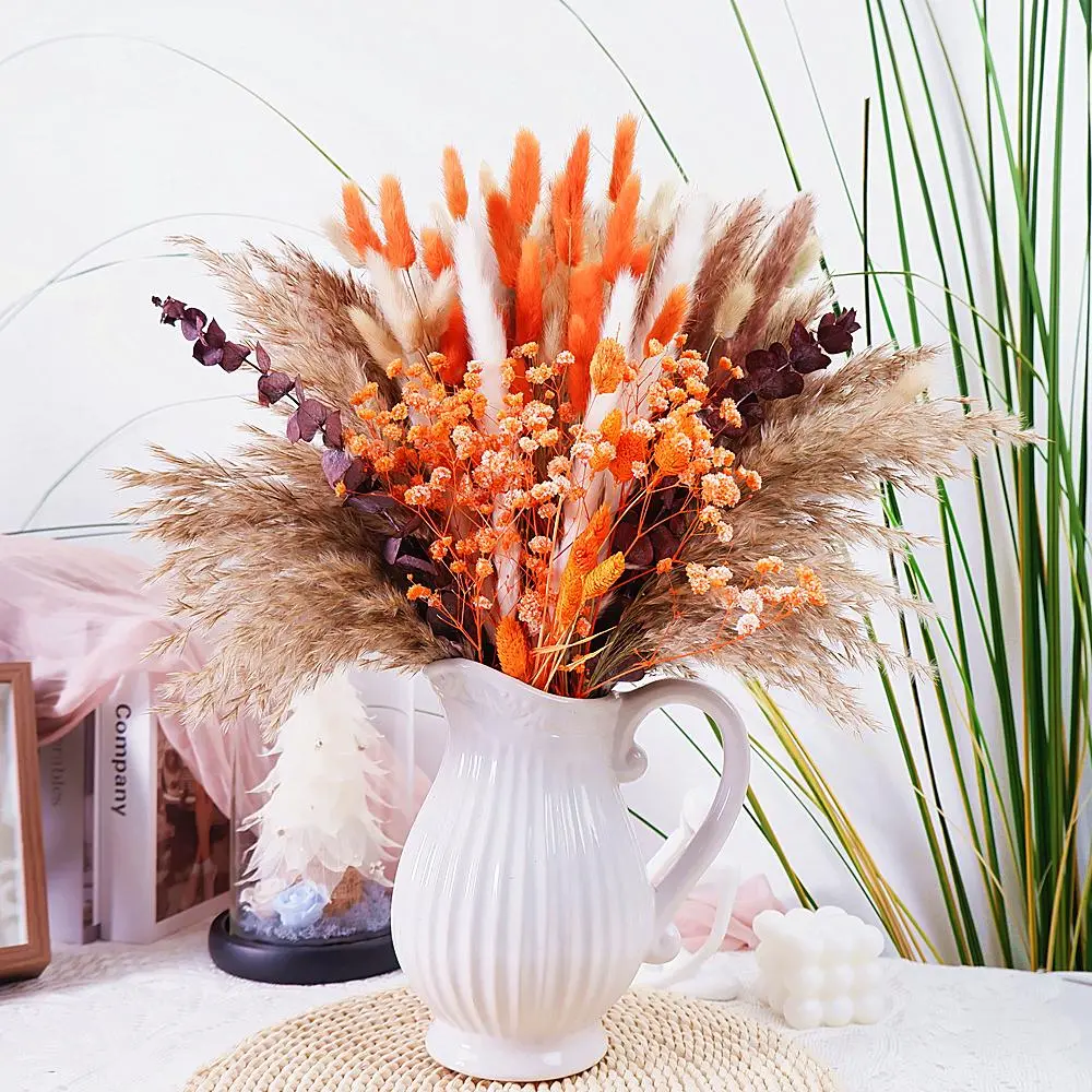 118pcs Dried Flower Bouquet – Orange Pampas Grass & Bunny Tail Stems, Boho Rustic Home Decor, Long Lasting Floral Arrangement for Wedding, Living Room & Table Centerpiece, Decorative Flowers, Gift, Farmhouse, Vase