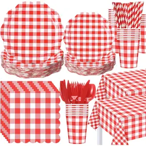 Funnymoom 452 Pcs Red Gingham Party Supplies for 50, Red and White Gingham Checkered Paper Plates Napkins Cups Tablecloth Cutlery Straws for Birthday Family Picnic Camping Barbecue Party Decoration
