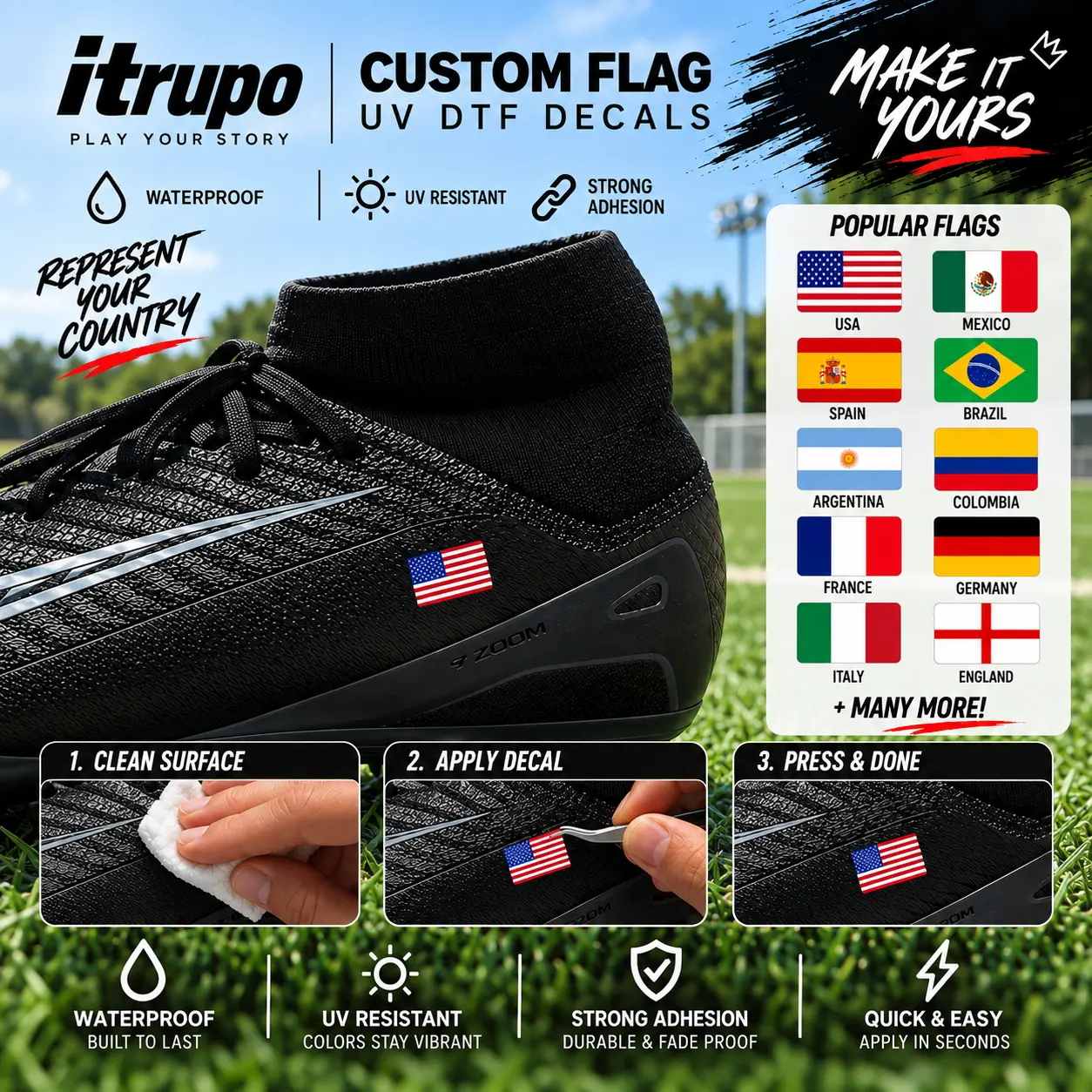 Custom Flag Decals Sticker Pack (Set of 2) for Soccer Cleats, UV Resistant, Waterproof, High Quality Print, Durable & Fade Proof, Strong Adhesion, Easy Installation, Compatible with Football Futsal Footwear & Gloves