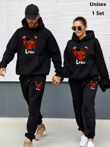 Unisex Letter Print Graphic Hoodie & Drawstring Waist Sweatpants Set, Casual Regular Fit Long Sleeve Hooded Sweatshirt & Pocket Jogger Pants, Men's Outfits for Fall & Winter