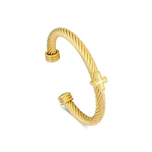 Aprilery Twisted Cable Cross Bangle – Radiant Tone Open Cuff Bracelet with Classic Rope Texture and Cross Accent