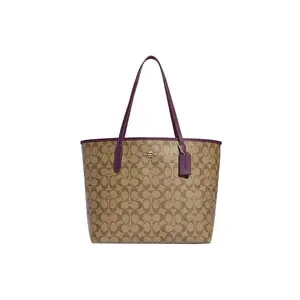 COACH City 33 Classic Monogram Snap-Top Tote Bag for Women, Structured Vegan Leather, Khaki