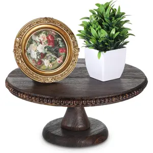 12" Round Wood Cake Stand, Large Round Wood Risers for Display, Shabby Chic Pedestal Tray Decor with Beads, Vintage Beads Wooden Plate Dessert Display Riser for Home and Kitchen Decor