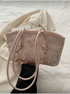 Vintage Butterfly Lace Zipper Bag Large Capacity Casual Tote Bag High Quality Shoulder Bag for Women Daily Use School Work Commute Pink