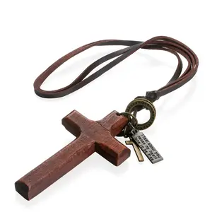 Vintage Wood Cross Leather Necklace
