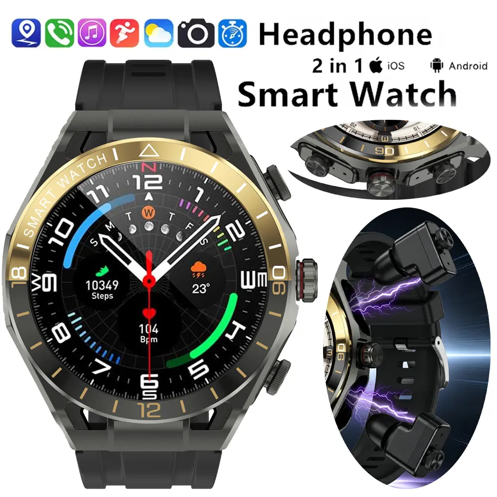 1.52" AMOLED Bluetooth Smart Watch with Silicone Band & Earbuds, Android Compatible Men's Fitness Watch - IP67 Waterproof, 100+ Sport Modes, Call Answer/Make, Music, Calorie Tracker, Pressure/Sleep Monitor, Pedometer, Alarm, AI Voice, Siri - Gifts for Men