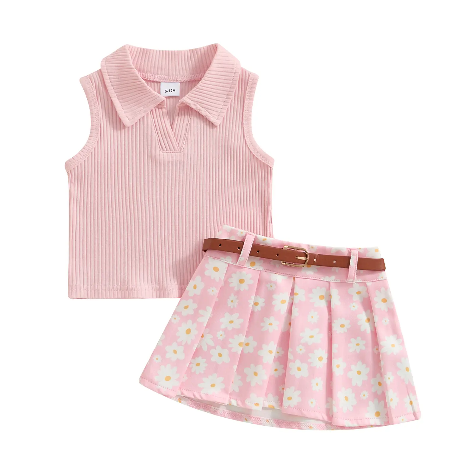 Toddler Girl Summer Outfit Solid Color Ribbed Sleeveless Tank Tops and Daisy Print Pleated Skirts with Belt 2Pcs Clothes Set