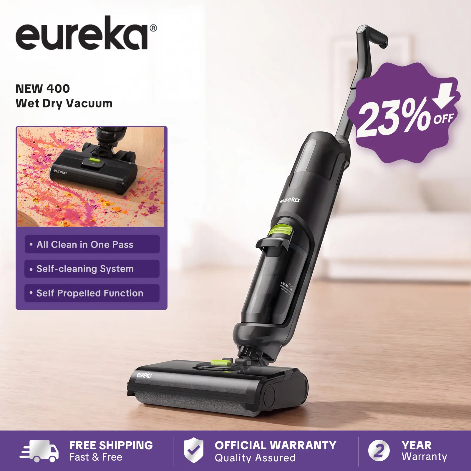 Eureka NEW400 Cordless Wet-Dry Hard Floor Cleaner - 2-in-1 Cordless Vacuum Mop, Self-Propelled, Self-Cleaning, Multi-Surface, Sticky Mess Cleaning, Durable Household Vacuum & Floor Care Appliance
