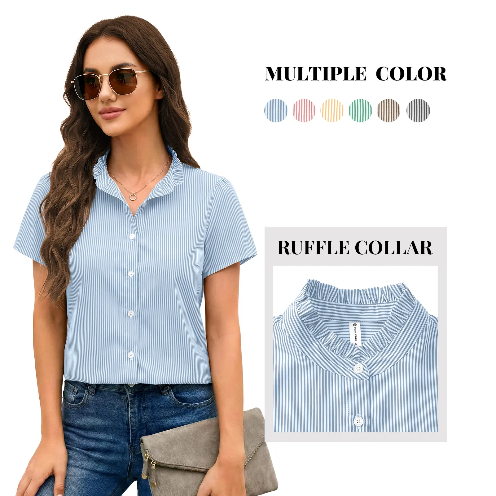 Striped Ruffle Collar Blouse for Women, Short Sleeve Button-Down Basic Shirt for Business Casual Office, Fashion, Soft, Shortsleeve, Plaid, Lady, Tops, Top