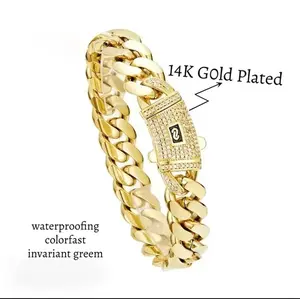 14k Gold Plated Miami Cuban Link Chain Bracelet Thickened with Stainless steel zirconium spring clip 7.5/8.5 inch Hip-Hop Jewelry for Men/Women Hypoallergenic Material, Sweat-Resistant