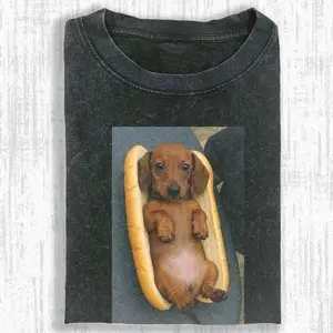 Oversized Unisex Dachshund Hot Dog Bun Graphic Washed TShirt Vintage Streetwear with Batik Cotton Super Soft PreShrink Retro Heart Hands and National Flags