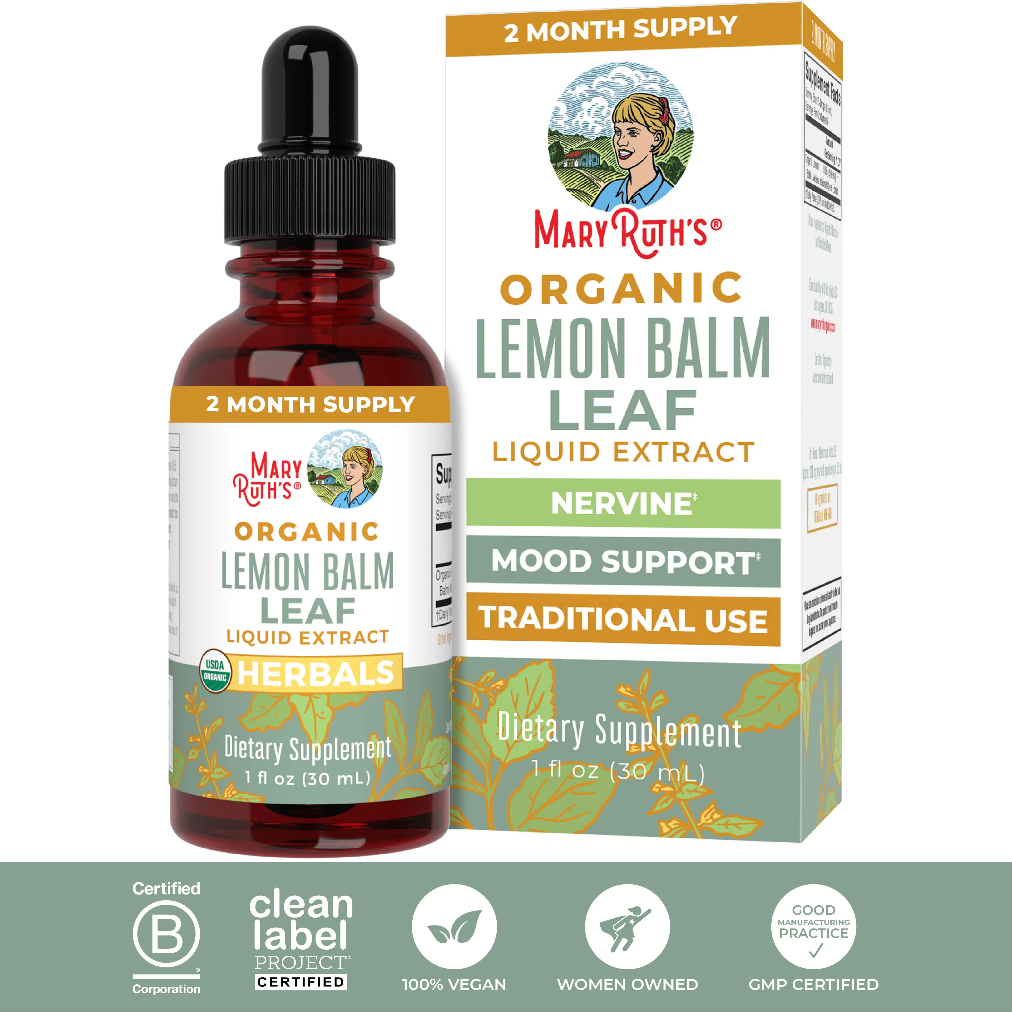 MaryRuth's Organic Lemon Balm Leaf Liquid Extract - Mood Support - Relaxation - Calming - Nervine Herbal - Vegan - Non-GMO - Gluten Free - 1 Fl Oz