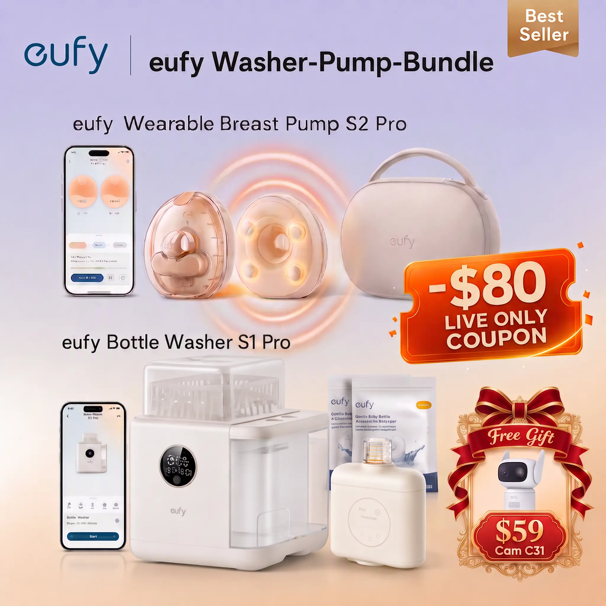 NEW eufy S2 Pro Bundle of S2 Pro Breast Pump & S1 Pro Bottle Washer ,Leading HeatFlow Tech, App-Controlled OptiRhythm, Hospital-Grade Suction, Built-in Water Softener, HydroBlast Washer, 212°F Steam Sterilizer & Thoroughly Fast Dryer, 10-Bottle Capacity,