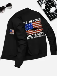 Men's Fitted Air Force Flag Print Pilot Jacket, Stand Collar Zipper Front, Casual Business Outerwear for Fall Winter