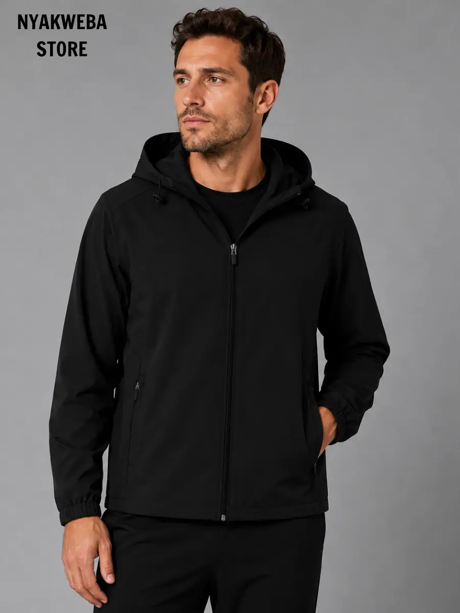 NYAKWEBA STORE Mens Lightweight Windbreaker Hooded Jacket Full Zip Softshell Water Resistant Outdoor Golf Athletic Jacket Minimalist Casual Outerwear