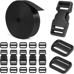 Buckles and Straps Set 1": 6 Yards of Thick Nylon Webbing, 6-Pack Heavy Duty Adjustable Quick Side Release Plastic Buckles, 12 Tri-Glide Slide Clips, Black (1-Inch Combo Set)