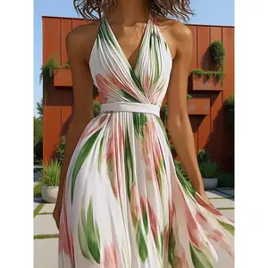 A Romantic Vacation Dress Featuring a Pink Floral Print, V-Neck, Open Back, And a Cinched Waist, Perfect for Seaside Getaways And Popular Photo Spots for Women