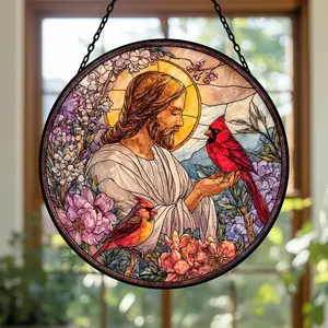 Jesus With Cardinals Acrylic Suncatcher, Christian Window Hanging Ornament, Religious Jesus Christ Decor, Memorial Cardinal Sun Catcher, Faith-Based Acrylic Window Art, Spiritual Home Decor, Christmas Christian Gift Idea