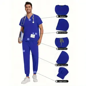 Stylish 2Pcs Scrubs Set for Men Nursing Pet Care Dental Work Uniforms Stretchy Jersey Fabric Contrast Stitching Modern Slim Fit
