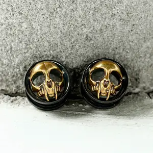 GTHIC Antique Gold Skull Stainless Steel Ear Gauges for Men Women Gothic Statement Accessories Daily Wear