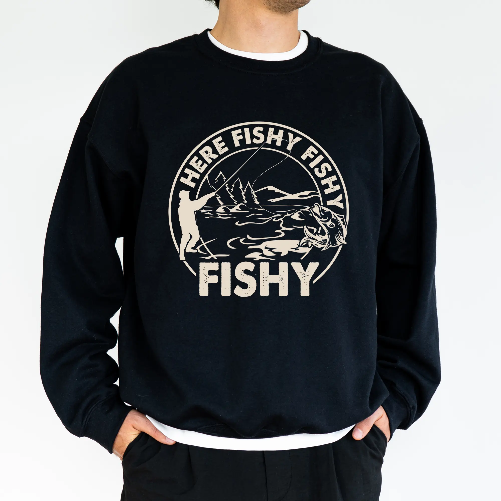 MAPTEES Here Fishy Fishy Fishy Crewneck Sweatshirt, Funny Fishing Sweater for Men, Funny Fisherman Pullover, Fishing Lover Festive Sweater