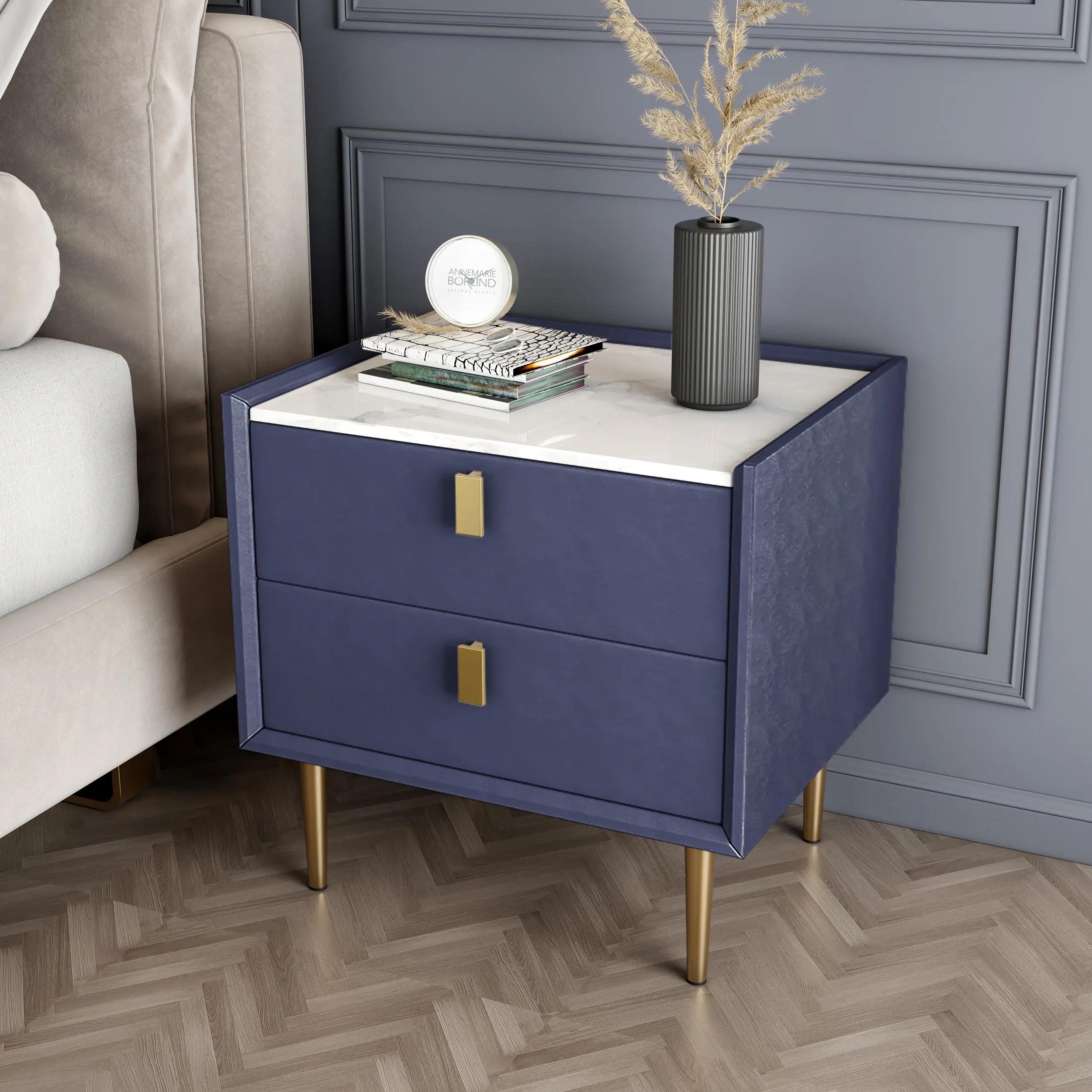 Homary Modern 2-Drawer Nightstand - Sintered Stone Flat-Top, Leather Assembled Blue Exquisite Modern Furniture Indoor Table, Bedside Table, Exquisite Bedside Tables