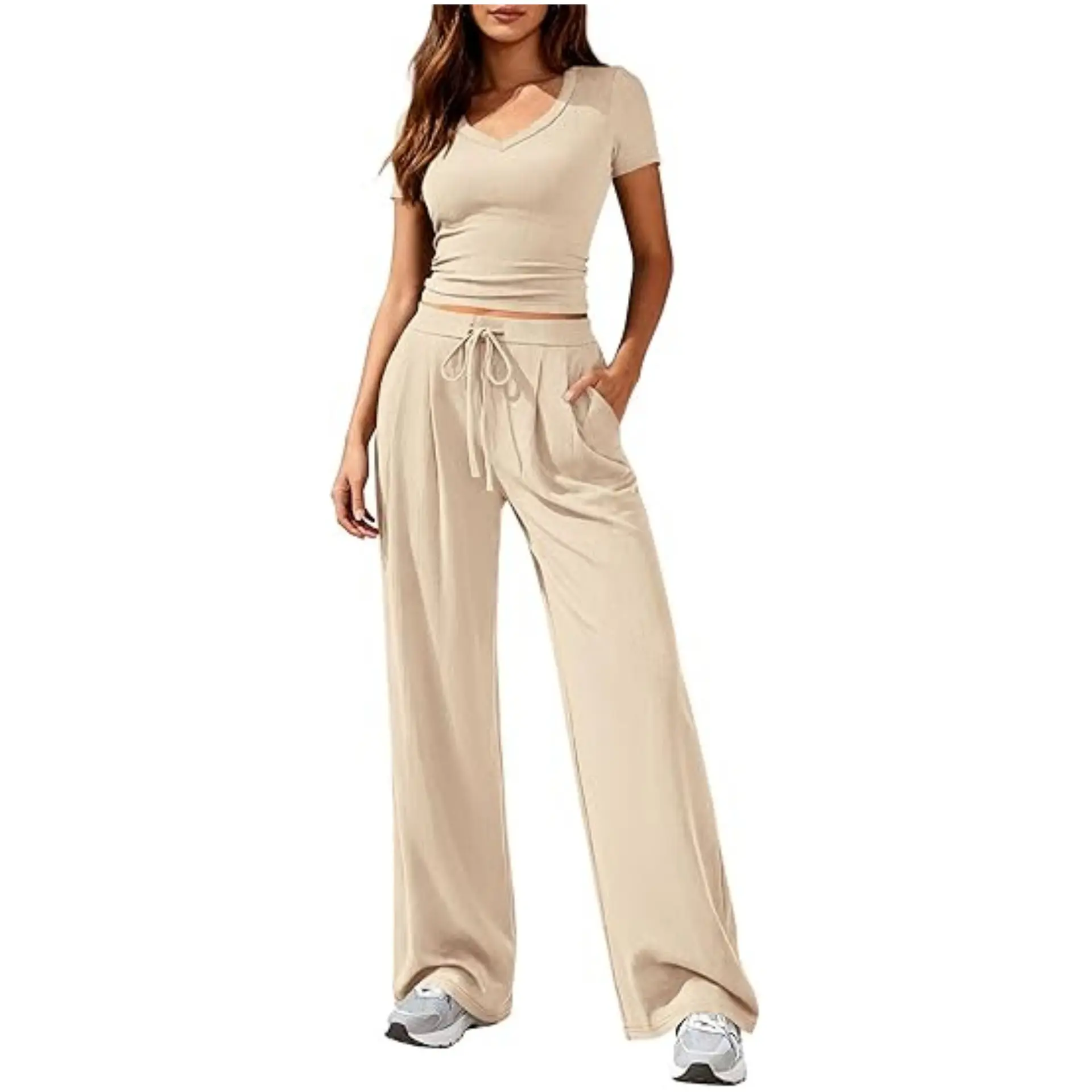 Women's Minimalist 2-Piece Casual Lounge Set - Solid Short-Sleeve V-Neck Top, Comfortable Wide-Leg Pants for Everyday Wear, Shortsleeve, Basic, 2 Pcs Set, Woman 2 Piece Set