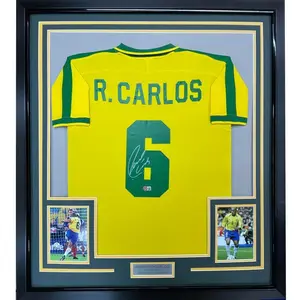 No Framed  Roberto Carlos Brazil  Yellow Retro Soccer Jersey Beckett BAS COA