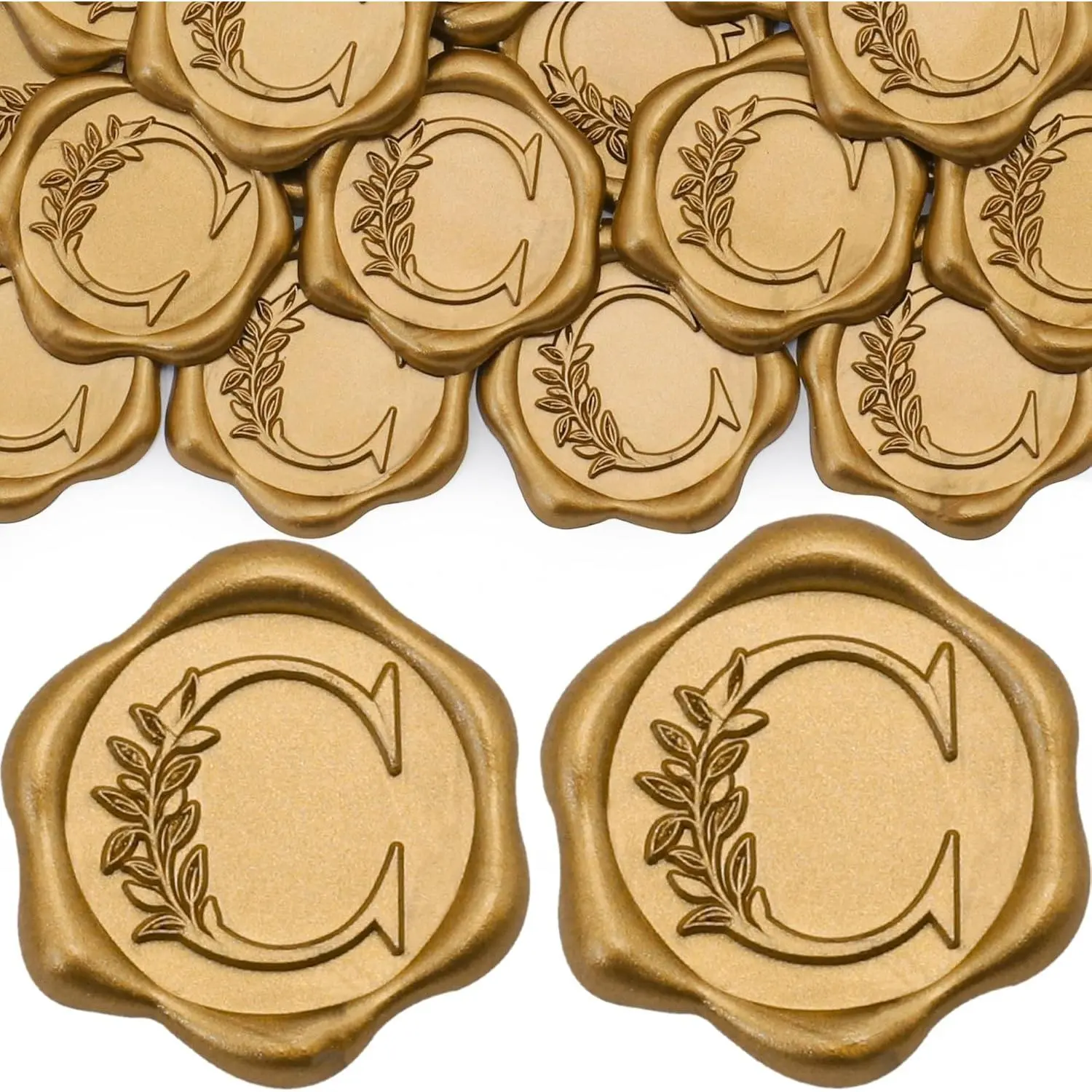 50 Pack Letter C Wax Seal Stickers, Antique Gold Botanical Leaves Initial Alphabet Self-Adhesive for Wedding Party Invitation Envelope