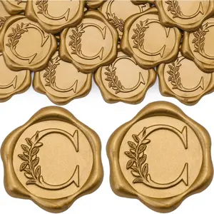 50 Pack Letter C Wax Seal Stickers, Antique Gold Botanical Leaves Initial Alphabet Self-Adhesive for Wedding Party Invitation Envelope