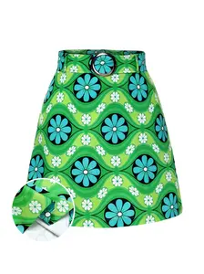GREEN 1960S VINTAGE FLORAL BELTED MINI SKIRT Women's Fitted Retro Fashion Skirt with Classic Floral Design and Sophisticated Belted Waist Womenswear Polyester