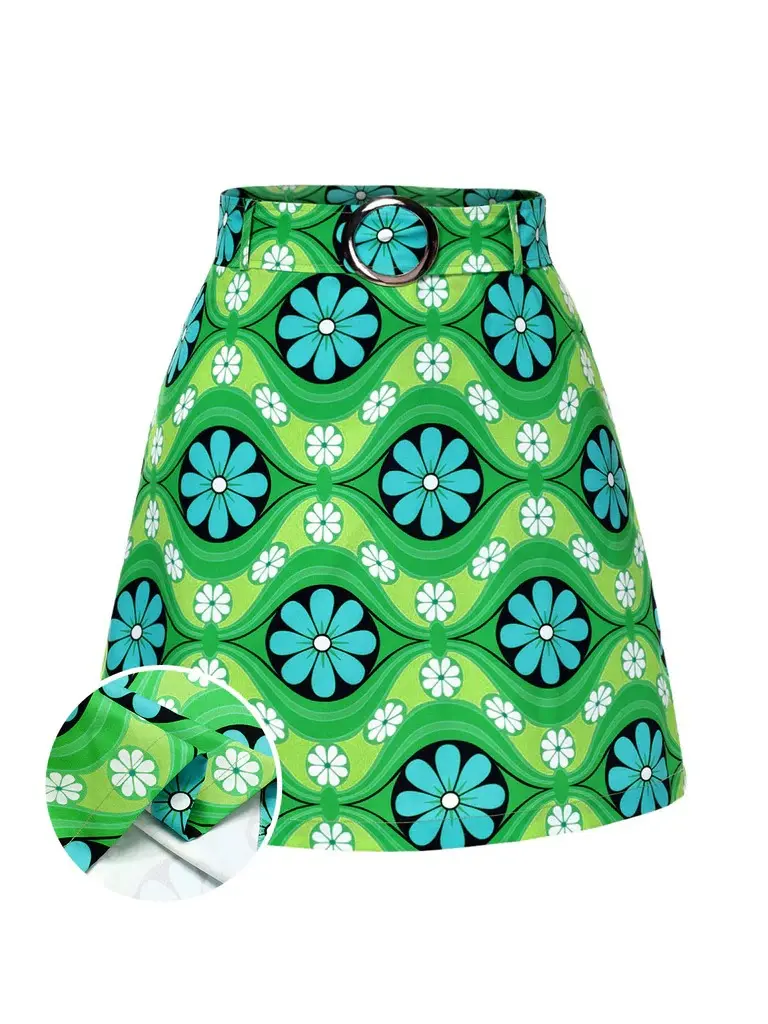 RETRO STAGE Women's 1960s Green Floral All-Over Print Belted Fitted Mini Skirt, Polyester Womenswear with Classic Adorable Style, Sophisticated Waist Detail for Summer Outfits, Mini Skirts, Adorable Style Skirts