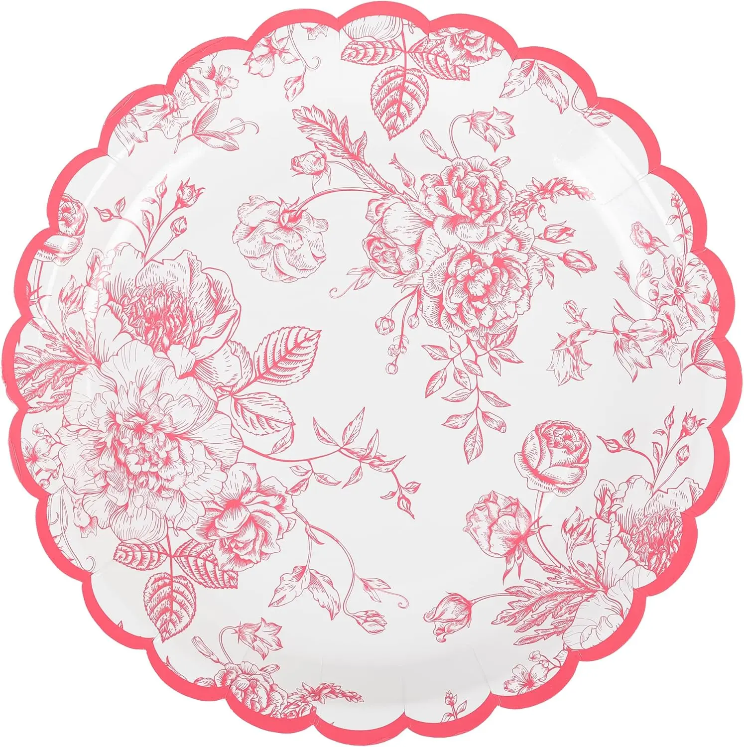 Floral Party Plates Floral Leaf Scalloped Disposable Paper Plates Pink and White Toile 9" Dinner Plates for Christmas Bridal Baby Shower Tea Party Supplies Table Decor (48, Pink)