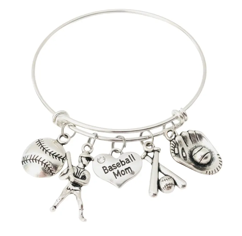 Baseball Mom Charm Bracelet | Baseball, Batter, Glove & Crossed Bats Silver Expandable Bangle Gift