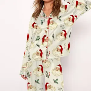Christmas Vintage Santa Pajama Set For Women Print Comfy Satin Sleepwear & Loungewear Pjs Printing Silky Top & Bottoms