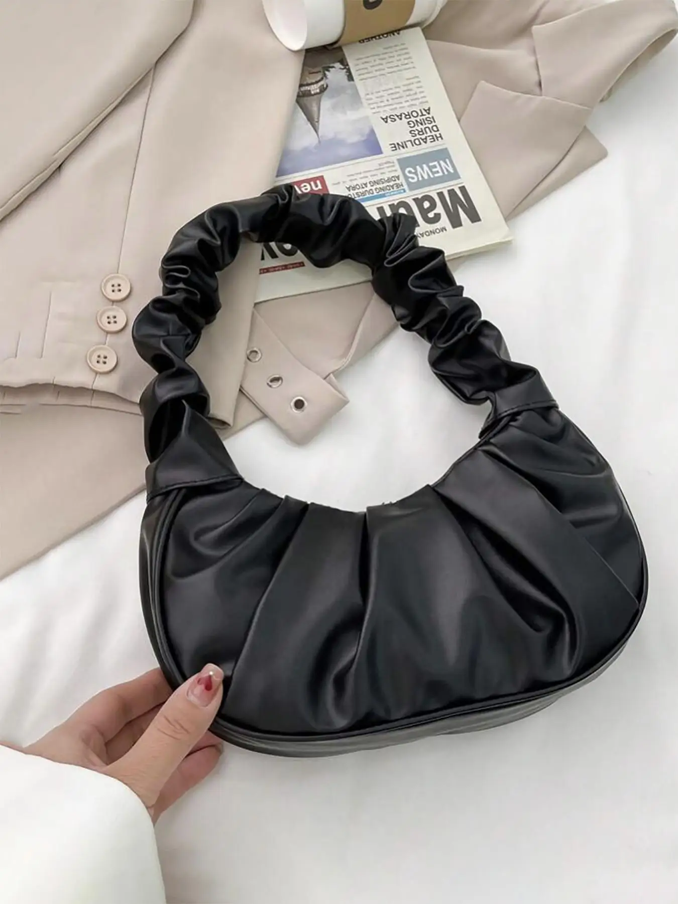 Women's Solid Color Ruched Design Handbag, Fashionable Foldable Hobo Bag for Daily Used, Casual Trendy Versatile High-quality Daily Commuting Bag, Gi